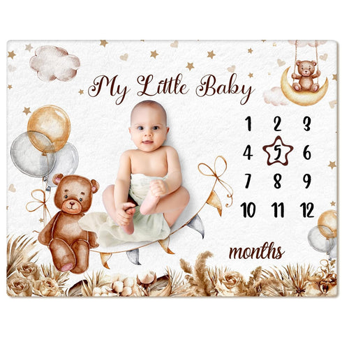 Boho Sleeping Bear Monthly Baby Milestone Blanket Brown Bear Balloon Flannel Blanket Boy Newborn Infant Swaddle Blanket Growth Chart Baby Blanket ...