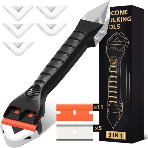 Silicone Caulking Tool Caulk Remover 3 in 1 - Upgraded Grout Removal Tool Kit Smooth Caulk for Bathroom Tub Shower Window Floor Glue Trowel Paint ...