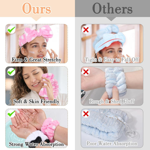 9PCS Coral Headband for Washing Face with Wristband Kit,Bowknot Makeup Headband for Women Girls, Super Soft Spa Headband with Wristband for Face W...