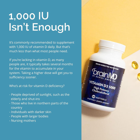 BrainMD by Dr Amen Vitamin D3 5000 - 100 Softgels - High Potency Cholecalciferol - Gluten Free - 100 Servings...