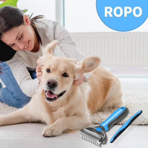 Dog Grooming Brush and Metal Comb, Undercoat Rake for Dogs Grooming Supplies Dematting Deshedding Brush comb for Shedding (Blue)...