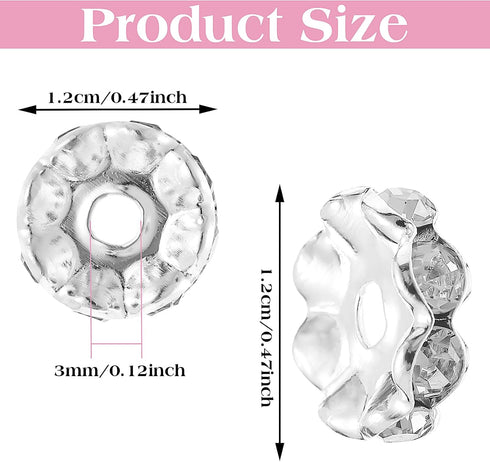 100pcs 12mm Rhinestone Beads for Jewelry Making for Pens Rondelle Spaced Beads Silver White Beadable Pens Beads Rondelle Beads...