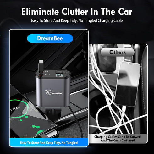 Retractable Car Charger,66W 4 in 1 Super Fast Charge Car Phone Charger,Retractable Cables (31.5 inch) and 2 USB Ports Car Charger Adapter for iPho...