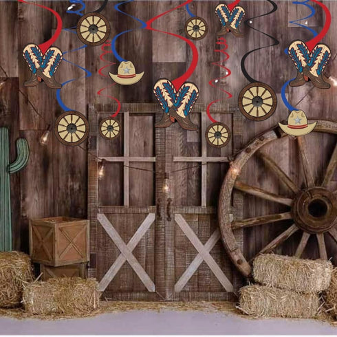 Western Party Hanging Swirl Decorations - 5" & 7" (Pack of 12) - Red & Blue Swirl W/Cowboy Cutouts - Perfect for Rustic, Rodeo & Wild West Themed ...