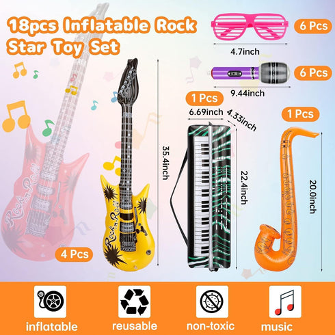 Inflatable Rock Star Toy Set,18 Pack Inflatable Music Instruments Party Props-4 Inflatable Guitar,6 Microphones,1 Piano,1 Saxophone,6 Shutter Shad...
