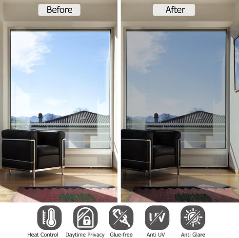 HIDBEA One Way Privacy Window Film, Daytime Privacy Sun Blocking Anti UV Reflective Window Film Heat Control Static Cling Window Tint Film for Hom...