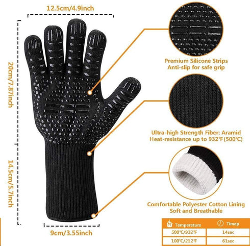 Heat Resistant BBQ Gloves for Hot Temperature Cooking, Barbecue Grilling or Baking Bread Pizza, Safe Oven Mittens with Fingers...