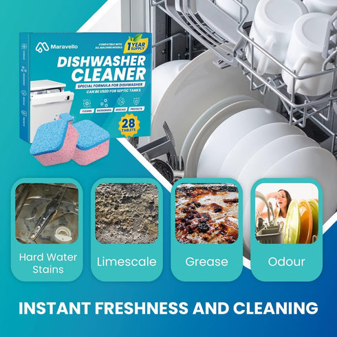 Dishwasher Cleaner and Deodorizer 28 Tablets: Maravello Dish Washer Machine Deep Clean Descaler Pods for Cleaning Heavy Duty Grease, Limescale, Ha...