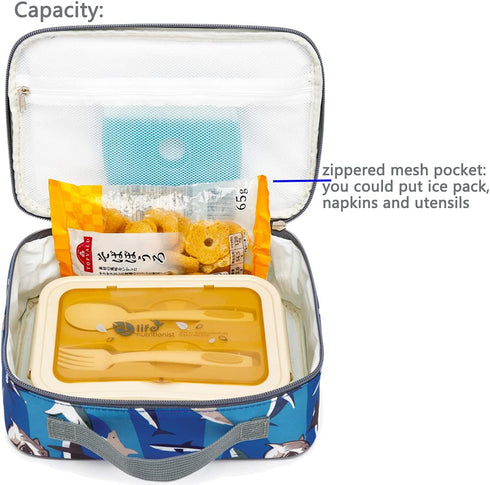 FlowFly Kids Lunch box Insulated Soft Bag Mini Cooler Back to School Thermal Meal Tote Kit for Girls, Boys, Shark...