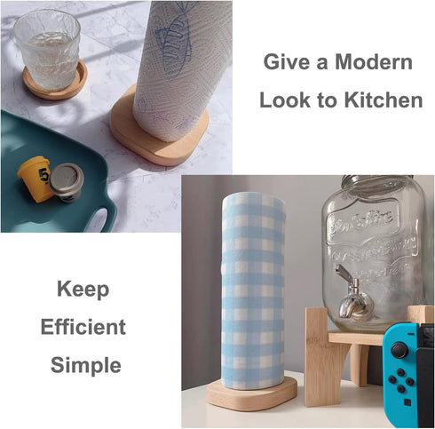 HUAJIE BienStylife Paper Towel Holder, Wooden Base Kitchen Paper Hanger Rack Bathroom Towel Roll Stand Organizer Countertop Wooden Paper Towel Hol...