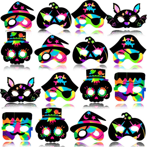 OuMuaMua 30PCS Halloween Rainbow Scratch Mask Art Craft Kit, Bat Witch Pumpkin Zombie Pirate Skull Scratch Paper Art Mask for Halloween Party Craf...