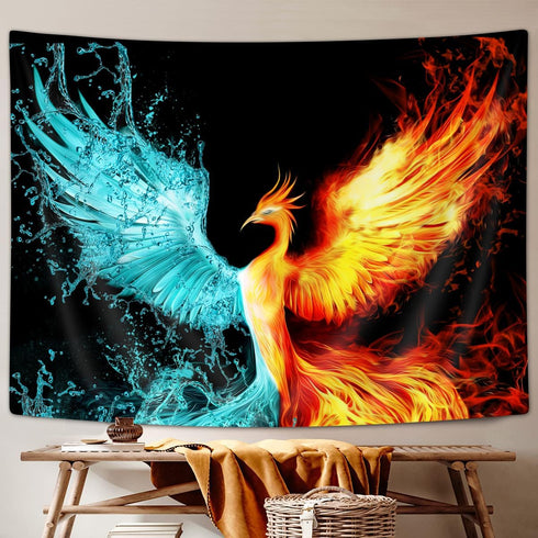 Fantasy Phoenix Tapestry, Water Ice and Fire Rising Phoenix Animal Anime Wall Hanging for Bedroom, Aesthetic Tapestry for Men Beach Blanket Colleg...