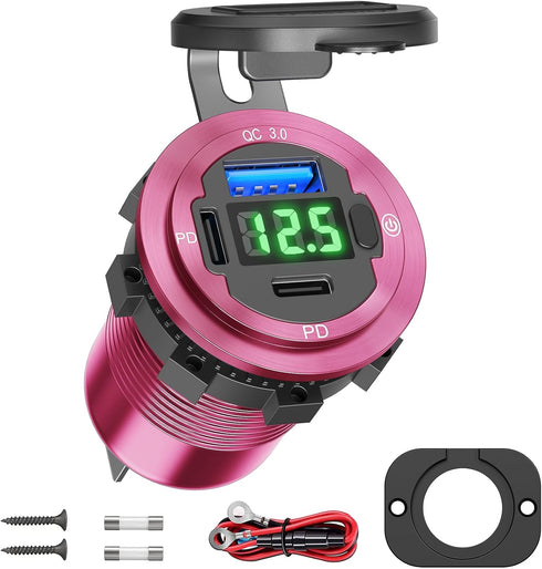 ?Green LED? 78W 12V USB Outlet Qidoe USB Charger Socket Dual PD 30W & 18W Quick Charge 3.0 with Voltmeter Metal Body Switch Waterproof Car Charger...