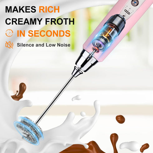 YUSWKO Pink Handheld Milk Frother Wand with Stand for Coffee, Rechargeable Electric Whisk with 3 Heads 3 Speeds Drink Mixer Coffee Frother For Lat...