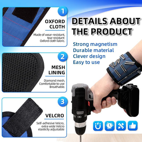 5 rows of 15 powerful magnet tool accessories, magnetic wristband for tools, Holding Screws Wrist Magnet Tool gift for men, adsorbing screws, nail...