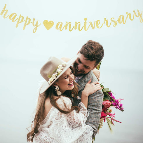 LINGTEER Happy Anniversary Gold Glitter Heart Bunting Banner Perfect for Wedding Anniversary Party Decorations....