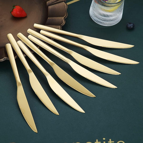 HOMQUEN Gold Steak Knives, 8 Piece Premium Stainless Steel Steak Knife Set, Meat Knife Sets, German Steak Knives Serrated, Tomato Knife, For Home,...