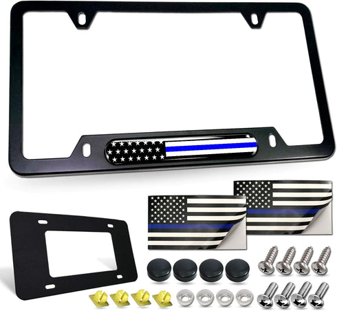 Police Thin Blue Line License Plate Frame-American Flag Patriotic Car Tag Holder, USA Black Aluminum Bracket with Screw, Cap Covers, Decal, Novelt...