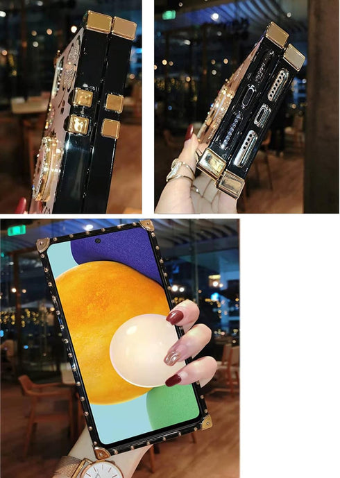 for Samsung Galaxy S21 Ultra Bling Case Fashion Square Bling Diamond Glitter Soft Trunk Cover with Ring Holder Kickstand Phone Skin,Gold...