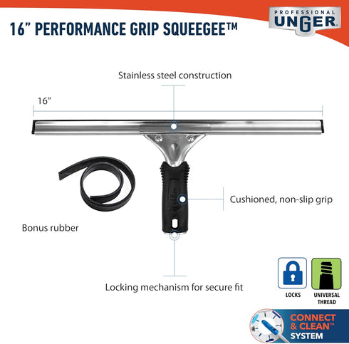 16" Performance Window & Glass Cleaning Squeegee w/Replacement Rubber - Cleaning Supplies, Heavy Duty Squeege for Window Cleaning, Streak-Free Res...