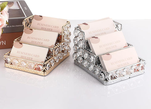 Hipiwe Crystal Business Card Holder 3 Tier Bling Name Cards Office Desk Desktop Table Top Organizer Luxury Mirrored Business Card Display Stand, F...