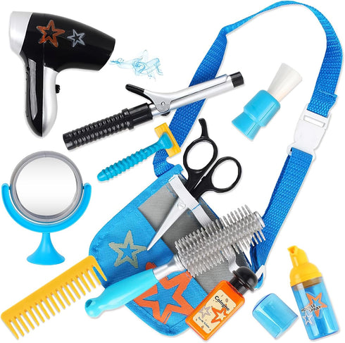 deAO Stylist Hairdresser Barber Salon Role Play Set with Hairdryer, Curling Iron, Belt and Styling Accessories Included – Great Pretend Play Set f...