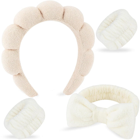 4Pcs Spa Headband for Washing Face Wristband Set Sponge Makeup Skincare Terry Cloth Headband Bubble Soft Get Ready Hairband Women Puffy Padded Hea...
