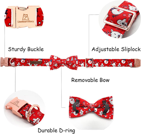Lionheart glory Christmas Dog Bow Collar Santa Print Bow Dog Collar Girl or Boy Dog Bow tie Collar Pet Gift Adjustable Dog Collar for Large Dog...