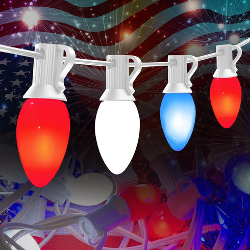Red White and Blue C7 Outdoor Lights, 25Ft 4th of July Patriotic String Lights with 27 Red White Blue LED Bulbs, Fourth of July Decorations Waterp...