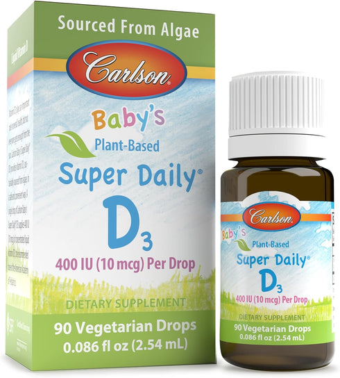 Carlson - Baby's Plant-Based Super Daily D3, Baby Vegetarian Liquid Vitamin D Drops, 400 IU (10 mcg) per Drop, Sourced from Algae, for Infants and...