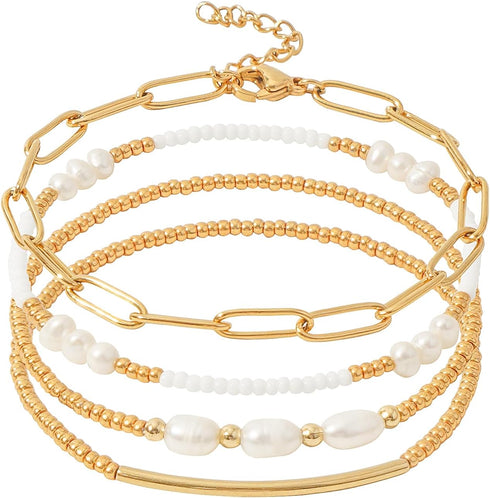 Dainty Gold Pearl Beaded Bracelets for Women 14K Real Gold Plated Bead Pearl Beads Bracelets Stackable Paperclip Link Stretch Bracelets Set Gold B...