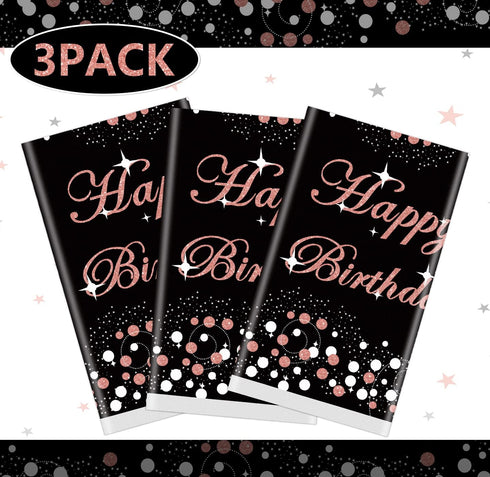 3 Pack Black and Rose Gold Tablecloth Party Decorations - Plastic Disposable Birthday Tablecloth, Black and Rose Gold Confetti Rectangle Table Cov...