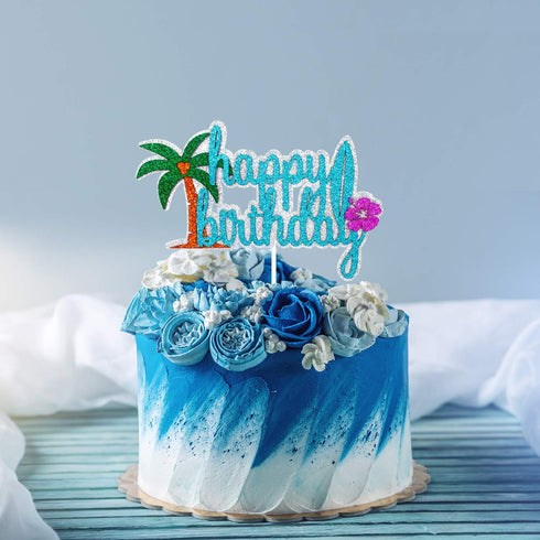 Hawaii Birthday Cake Topper - Tropical Hawaiian Luau Party Glitter Palm Tree Cake Topper Supplies - Summer Holidays Cake Topper Party Decorations...