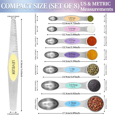 Magnetic Measuring Spoons Set of 8 with Leveler, Stainless Steel Metal Measuring Spoon, Dual Sided for Measuring Dry and Liquid Ingredients, Teasp...