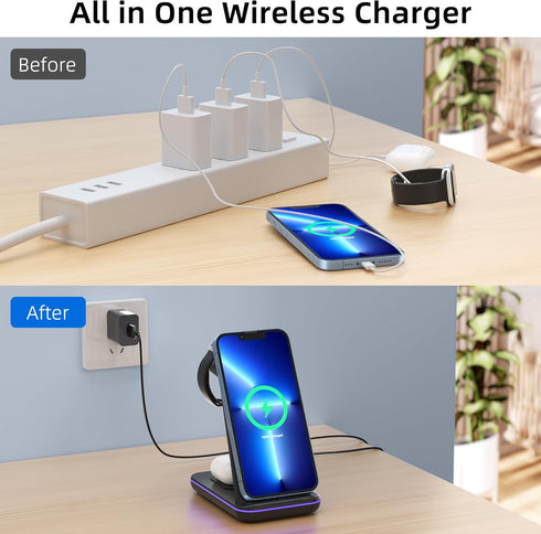 Wireless Charging Station, 3 in 1 Fast Wireless Charger for iPhone 15/14/13/12/11 Series/SE/XS/XS Max/XR/X/8/8 Plus, Charging Stand for Apple Watc...