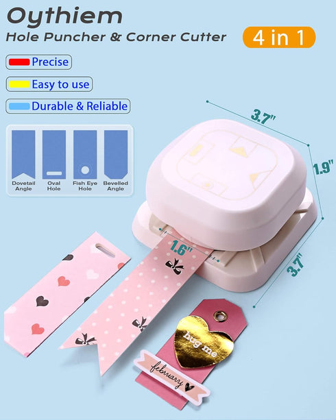 Hole Puncher and Corner Cutter, 4 in 1 with One Oval & Fish Eye Hole, Dovetail & Bevelled Angle Paper Hole Punch for Kids Paper Crafts, Scrapbooki...