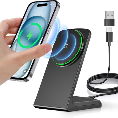Magnetic Wireless Charger 15W Fast Mag-Safe Charger Stand for iPhone 15/14/13/12 Series Magnet Wireless Charging Station with Sleep-Friendly Adapt...