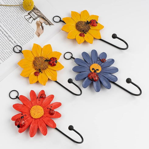 Notakia Creative Daisy Resin Wall Hooks Wall Mounted Art Flower Iron Hook Hand-Painted Hanging Coat/Hat/Key/Towel Hooks Home Decoration(Set of 4)...