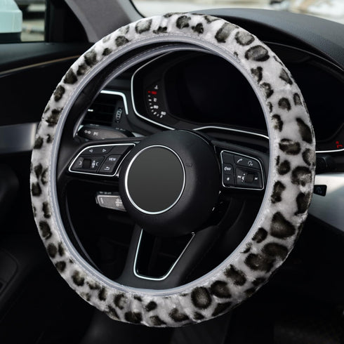 ZHOL Leopard Print Steering Wheel Cover, Universal 15 Inch Elastic Plush Softy Steering Wheel Cover for Women Girls, Winter Warm, Anti-Slip, Gray...