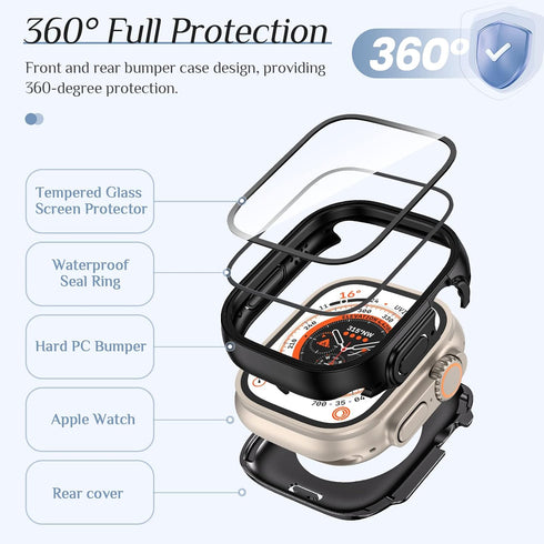 Goton 2 in 1 Waterproof Case for Apple Watch Ultra Ultra2 Screen Protector 49mm, 360 Protective Glass Face Cover Hard PC Bumper + Back Frame for i...