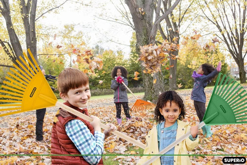 Superio Kids Rake with Hardwood Handle, Gardening and Lawn Care Tools for Kids, Sweep Leaves and Tidying Up The Garden, Plastic Tines and Heavy Du...