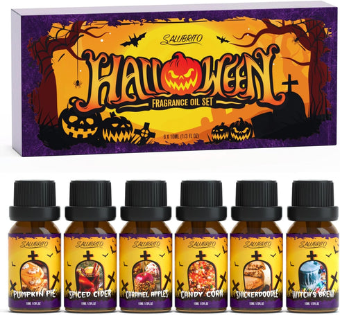 SALUBRITO Halloween Fragrance Oils Set, Funny Essential Oils Gift Set for Diffuser, Candle, Soap Making Scents, Pumpkin Pie, Spiced Cider, Caramel...