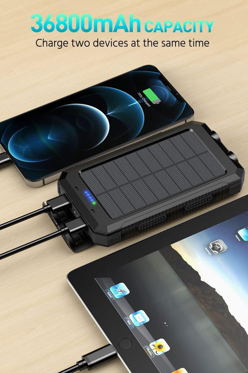 Power-Bank-Portable-Charger-Solar - 36800mAh Waterproof Portable External Backup Battery Charger Built-in Dual QC 3.0 5V3.1A Fast USB and Flashlig...