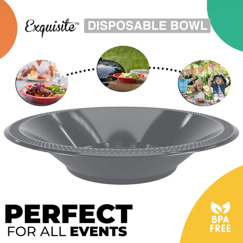 Exquisite Plastic Dessert/Salad Bowls - Solid Color Disposable Bowls - 100 Count (Bowls - 12 oz, Silver)...