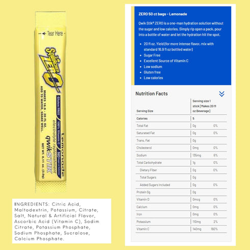 Sqwincher X428-M2600 Qwik Stik Instant Powder Concentrate Stick, Lemonade Electrolyte Drink, 11 Ounce, Pack of 50...
