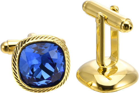 Blue Zircon Gemstone Cufflinks for Men Lady In Gift Case 14K Gold Plated Square Men's Cufflinks Jewelry Set for Wedding Anniversary Business Party...