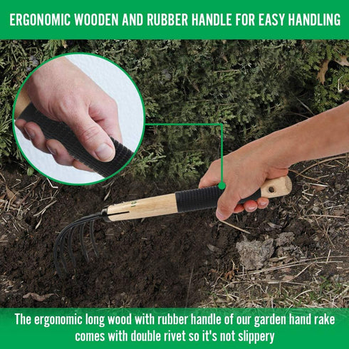 Garden Rake with Ergonomic Wooden Handle for Firm Grip, Military Grade Steel Gardeners Tine Cultivator Wood Japanese Ninja Claw Rake for Perfect P...