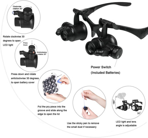 LED Illuminated Double Eye Jeweler Watch Repair Magnifying Glasses Loupe Headband Magnifier -8 Interchangeable Lens: 2.5X/4X/6X/8X/10X/15X/20X/25X...
