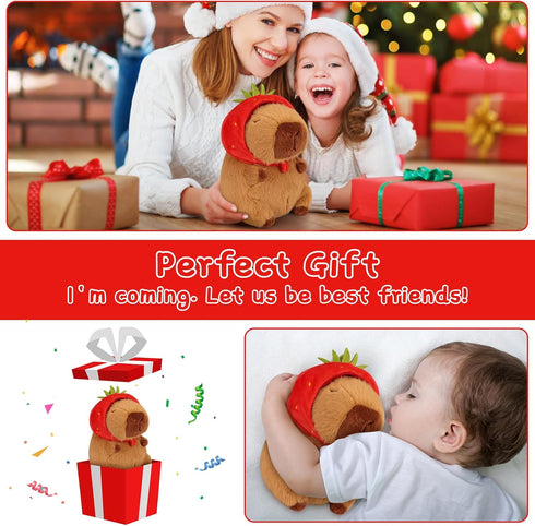Emoin Capybara Plush Toy with Strawberry Hat 9.8Inch Kawaii Capybara Plushie Soft Brown Capybara Stuffed Animals Doll Pillow Strawberry Capybara H...