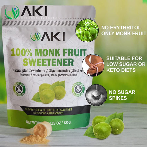 AKI Monk Fruit Sugar Free Sweetener Powder - Brown Raw Powder with Aroma of Sweetness - Ideal for Blended Beverages and May Helps in Weight Loss (...
